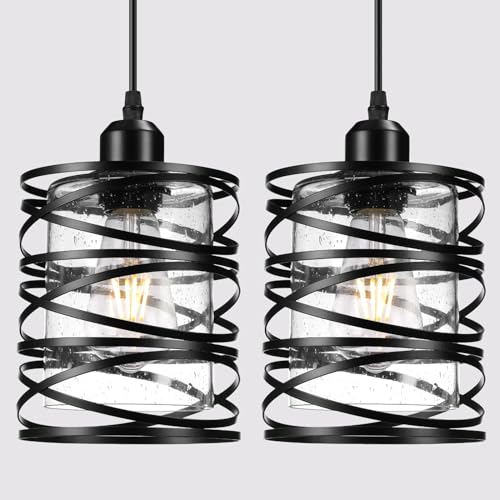 2 PACK Black Farmhouse Pendant Lights Kitchen Island Decor, Modern Seeded Glass Over Sink Pendant Light Fixture, Adjustable Bar Lights Hanging Lights for Dining Room, Bedroom, Entryway, Porch, Hallway