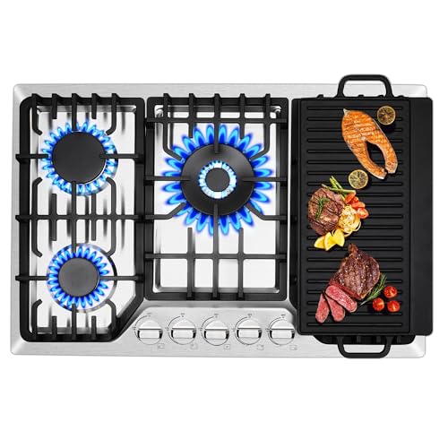 30 Inch Bulit-In Gas Cooktop with Griddle, 5 Italy SABAF Powerful Burners Over 92% High Efficiency, Max 48300BTU Gas Stove Top, 304 Stainless Steel Panel, NG/LPG Convertible, CSA Certified