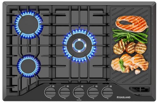 30 Inch Gas Cooktop with Griddle Black, GASLAND Chef PRO GH3305EF Gas Stovetop with 5 Burners, Reversible Cast Iron Grill/Griddle, Plug-in, NG/LPG Convertible, 120V Black, CSA certified