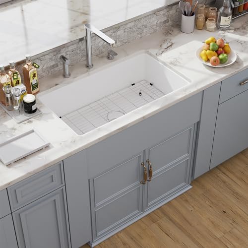 30 White Undermount Kitchen Sink, Hugsleek Topmount & Undermount Kitchen Sink 30x18 inch White Porcelain Ceramic Fireclay Sink Dual Mount Accessories Single Bowl Under Counter Sinks Basin Drop In