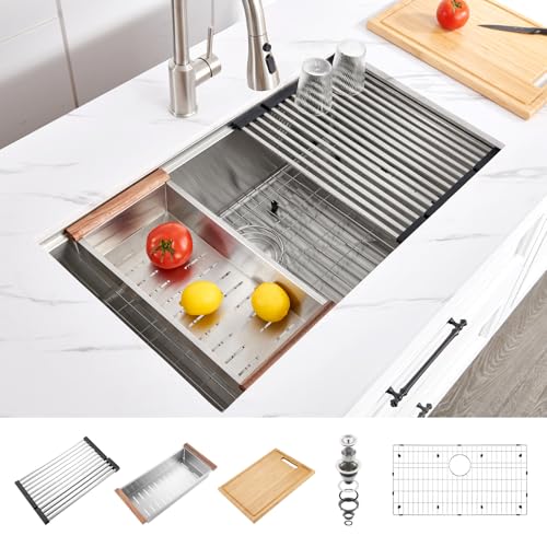 32x19 Undermount Kitchen Sink Workstation, WATERLACE 32 Inch Undermount Kitchen Sink Single Bowl, 16 Gauge 304 Stainless Steel Handmade Modern Kitchen Sink for RV, Prep Kitchen, Bar Sink