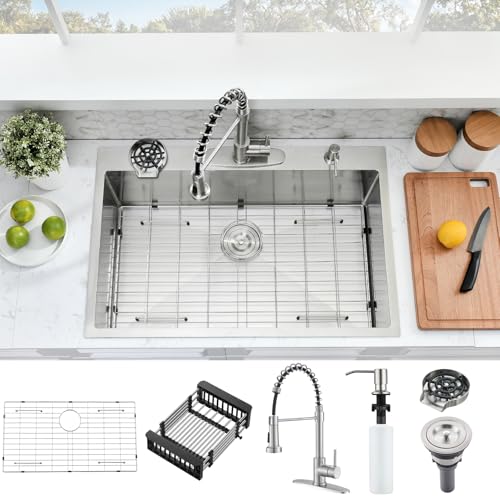 33×22 Drop In Kitchen Sink with Faucet and Cup Washer Combo-SOMRXO Kitchen Sink 33×22 Drop In with Faucet Stainless Steel Kitchen Sink Top Mount Sinlge Bowl Kitchen Sink and Faucet Combo Set