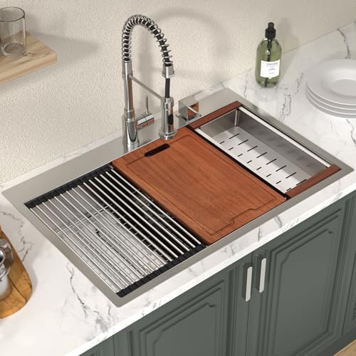 33 Drop In Kitchen Sinks - Lordear 33x19 Drop Kitchen Sink 16 Gauge 304 Stainless Steel Single Bowl Worktation Over Counter Handmade Kitchen Sink Basin With Built-in Accessories