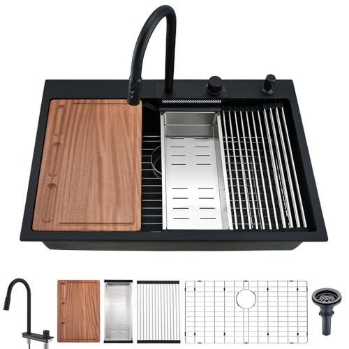 33 Inch Black Drop In Waterfall Kitchen Sink Workstation-iAnomla 33x22 Drop In Kitchen Sink Workstation Sink Black Quartz Kitchen Sink Deep Single Bowl Kitchen Sink with Faucet Combo Set