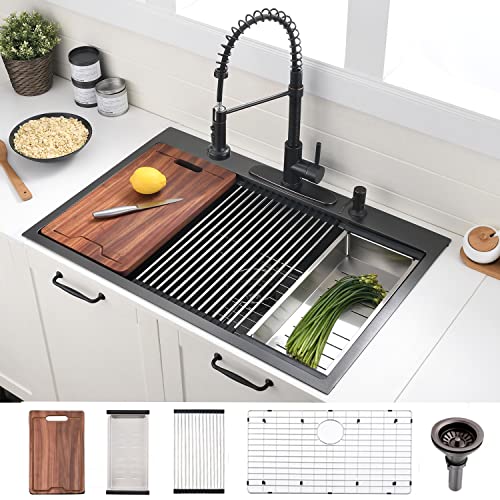 33 Inch Black Kitchen Sink Drop In Workstation - VOKIM 33x22-Inch Drop In Sink 16 Gauge Black Stainless Steel Single Bowl Kitchen Sink 10'' Deep Handmade Kitchen Sink with Cutting Board& Strainer