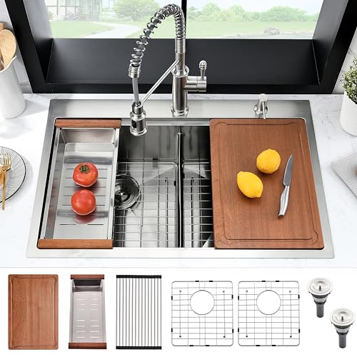 33 Inch Drop In Double Bowl Kitchen Sink Workstation-HACHENL 33 x 22x10 Double Bowl Drop-in Sink 50/50 Stainless Steel 16 Gauge Topmount Kitchen Sink Basin with Roll Up Rack