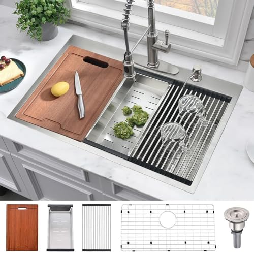 33 Inch Kitchen Sink Drop In Worktation-Bokaiya 33x19 Drop In Kitchen Sink Stainless Steel Single Bowl Kitchen Sink 16 Gauge Deep Workstation Drop In Sink with Cutting Board