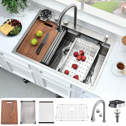 33 Inch Waterfall Kitchen Sink Drop In Workstation-Bokaiya 33x22 Waterfall Sink Smart Kitchen Sink with Waterfall Stainless Steel 16 Gauge Multifunctional Single Bowl Drop In Kitchen Sink