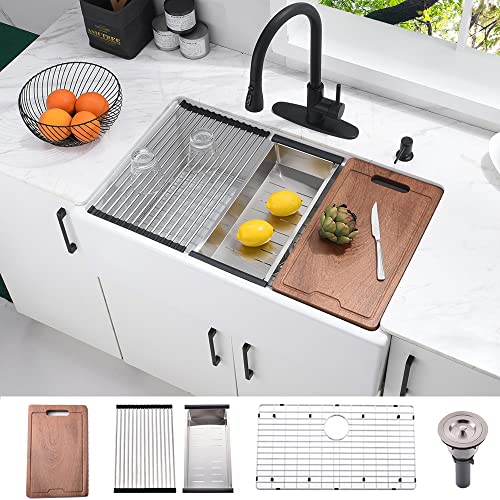 33 Inch White Farmhouse Sink Workstation-Bokaiya 33x20 Fireclay Farmhouse Sink Apron Front White Kitchen Sink Porcelain Ceramic Deep Single Bowl Farm Sink with Cutting Board& Strainer