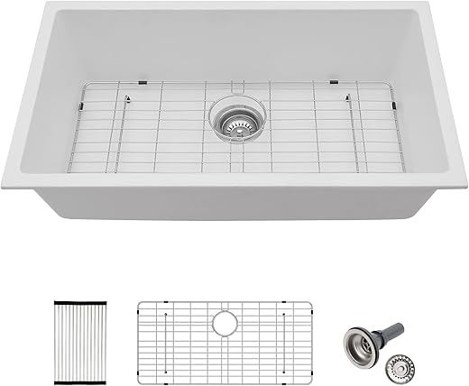 33 Inch White Granite Composite Quartz Undermount Single Bowl Kitchen Sink Under Counter Contemporary Kitchen Deep Sink Basin 33"x19"