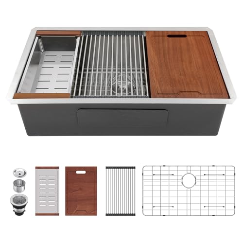 33 Undermount Kitchen Sink - Lordear 33" x 19" Stainless Steel Sinks 16 Gauge Single Bowl Ledge Workstation Handmade Under Counter Kitchen Sink Basin with Built-In Accessories