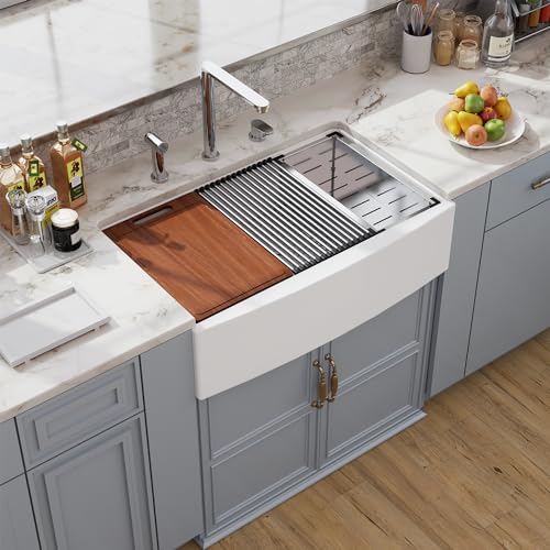 33 White Farmhouse Sink Workstation, Hugsleek Undermount Farm Kitchen Sink 33x21 inch Apron Front White Porcelain Ceramic Fireclay Sink Ledge Accessories Under Counter Single Bowl Farmer Sinks Basin