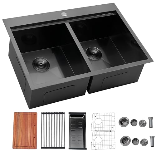 33x22 Double Bowl Kitchen Sink 33 Inch Black, Stainless Steel Drop in Double Basin Kitchen Sink, Topmonut 50/50 Kitchen Sink Workstation Sink with Accessories