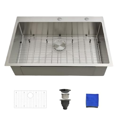 33x22 Drop In Kitchen Sink - Delironexu 16 Gauge Top Mount Stainless Steel Kitchen Sink, 33 Inch Deep Single Bowl Kitchen Sinks with 3-Piece Accessories