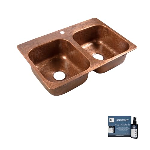 Angelico Copper 33" Double Bowl Drop-In Kitchen Sink with 1 Hole and Care Kit