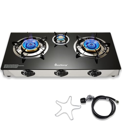 BesNerg 3 Burner Propane Stove Triple Burner, Portable Tempered Glass Auto Ignition Gas Cooktop, Suitable for Outdoor/Camping/RVs