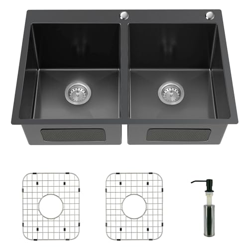 Black Kitchen Sink, 50/50 Double Bowl 33x22x9 Inch Stainless Steel Topmount Kitchen Sink Drop In Kitchen Bar Sink Combo-Sink Grid, Black Soap Dispenser, Drain Strainer Set for Modern SS Kitchen Sink