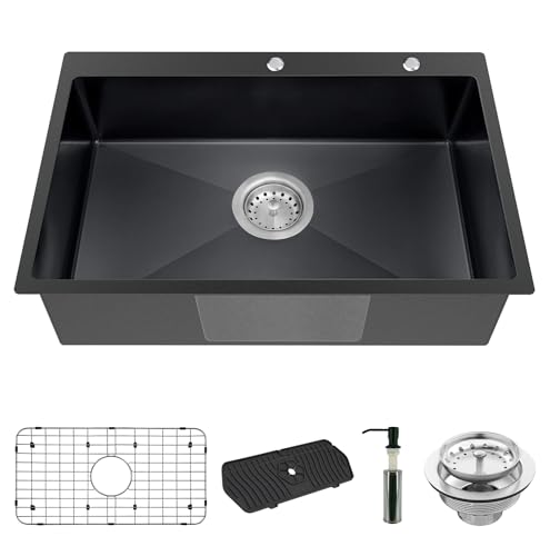 Black Kitchen Sink, Stainless Steel Topmount Bar Sink 33x22x9 Inch Single Bowl Drop In Kitchen Sink Combo-Sink Grid,Soap Dispenser,Faucet Mat,Drain Strainer Set for Modern Single Basin Kitchen Sink