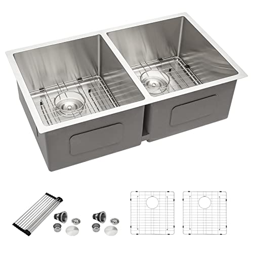 Dcolora 33 Inch Undermount Double Bowl Kitchen Sink 50/50 Split 16 Gauge 304 Stainless Steel Large Double Sinks, 33"x19"x10 Rounder Corner, DC-U7731