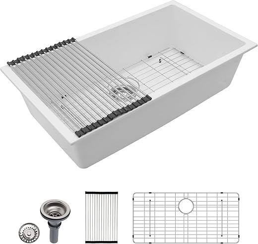 Dcolora 33" Quartz Granite Composite White Kitchen Sink Undermount Sink Deep Single Bowl, Round Corner, 33"x19", DC-GU7750