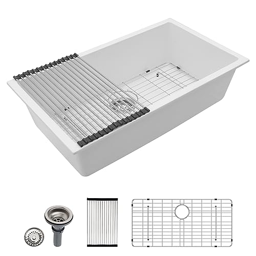 Dcolora 33" Quartz Granite Composite White Kitchen Sink Undermount Sink Deep Single Bowl, Round Corner, 33"x19", DC-GU7750