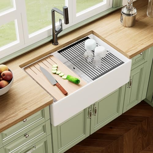 DeerValley 33 inch White Farmhouse Sinks for Kitchens, Fireclay Farmhouse Kitchen Sink, Apron Front Workstation Sink, Deep Single Bowl Kitchen Sink with Accessories 4 Types