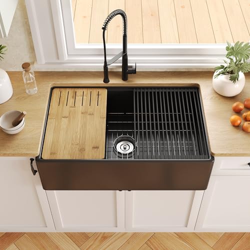 DeerValley Black Farmhouse Sink, 33 Inch Fireclay Farmhouse Kitchen Sink, Undermount Workstation Sink, Apron Front Sink, Single Bowl Kitchen Sink with Ledge and Workstation Accessories