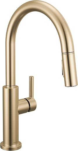 Delta Faucet Nicoli Kitchen Faucet with Pull Down Sprayer, Champagne Gold Kitchen Sink Faucet, Modern Kitchen Faucet, Kitchen Faucet Sprayer, Single Hole Kitchen Faucet, Champagne Bronze 19867LF-CZ