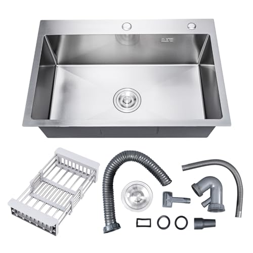 DuyviSteil 30" x 18" x 9" Topmount Kitchen Sink, 304 Stainless Steel Drop in Single Bowl Sink with Basket Strainer for RV, Travel Trailer, Garage(Nano)