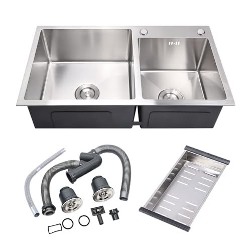 DuyviSteil T-304 Modern Nano-Coated Stainless Steel Kitchen Sink, Drop in & Topmount Double Bowl Sinks with Drainage Pipes and Fruit Baskets (30.7 x 16.9)