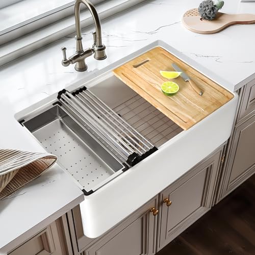 Enbol 33 inch Farm House Sink Workstation Sink Porcelain Undermount Kitchen Sink White Single Bowl Kitchen Sinks with Cutting Board, Roll-up Rack, Colander, Bottom Grid and Strainer PA3320W