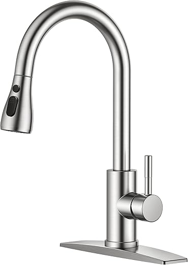 FORIOUS Kitchen Faucets with Pull Down Sprayer, Brushed Nickel, High Arc Single Handle Classic Stainless Steel Sink Faucet 1 or 3 Hole, Suitable for Farmhouse Camper Laundry Rv Bar