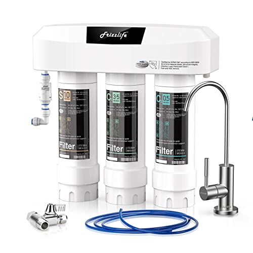 Frizzlife Under Sink Water Filter System with Brushed Nickel Faucet SP99-NEW, NSF/ANSI 42&53 Certified 3-Stage 0.5 Micron Removes Lead, Chlorine, Chloramine, Fluoride, Odor- Quick Change