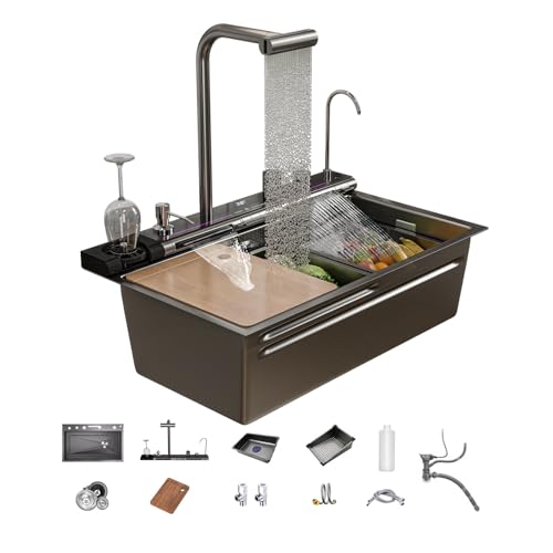 FVVJVV Dual Waterfall Kitchen Sink Modern Kitchen Sink Single Bowl Digital Smart Sink with Soap Dispenser Stainless Steel Sink with Pull-Out Faucet Workstation Sink with Honeycomb(29.5x18.1in)