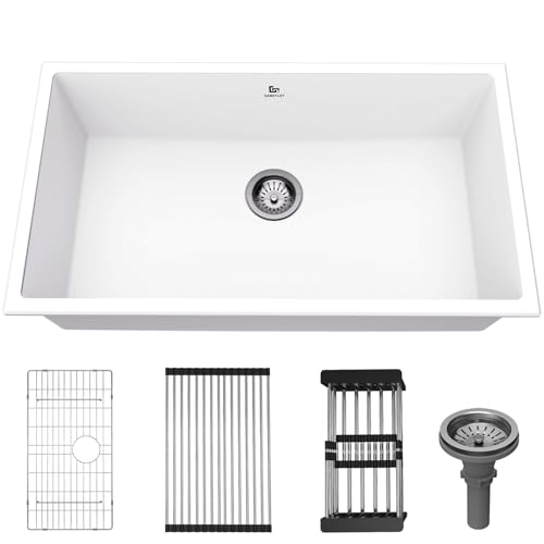 GABETLET Quartz Kitchen Sink, 32 Inch White Undermount Kitchen Sink, Deep Single Bowl Granite Composite Kitchen Sink, Modern Sink Providing Complete Accessories, Spacious Workspace and Easy Cleaning