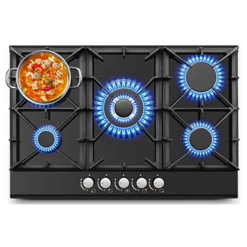 Gas Cooktop 30 Inch, Amzgachfktch 5 Burners Gas Stove, Built-in NG/LPG Convertible Gas Stove Top, Black Tempered Glass Propane Cooktop with Thermocouple Protection