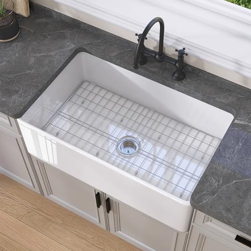 GETPRO Farmhouse Sink 33 Inch Fireclay White Kitchen Sink Apron Front Farm Sink Large Deep Single Bowl Kitchen Sink Undermount Modern Farmer Sink with Accessories