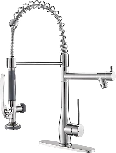 GIMILI Kitchen Faucet with Pull Down Sprayer Single Handle High Pressure Brushed Nickel Kitchen Sink Faucet Commercial Double-Headed Stainless Steel Kitchen Faucets Sink with Deck Plate