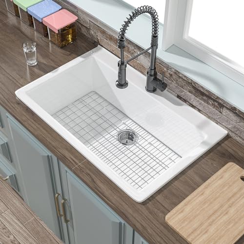 HOMLYLINK 33x22 Drop In Kitchen Sink White 1 Hole, White Kitchen Sink Drop In 33 Inch, Large Top Mount Kitchen Sink Single Bowl, Fireclay Sink for Kitchen, with Custom Accessories 2 Types