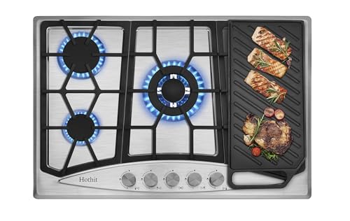 Hothit 30 Inch Gas Cooktop with Griddle, 5 Burner Gas Stove top, Cook Top Stove Gas with Cast Iron Griddle, Natural Gas/Propane Gas Convertible