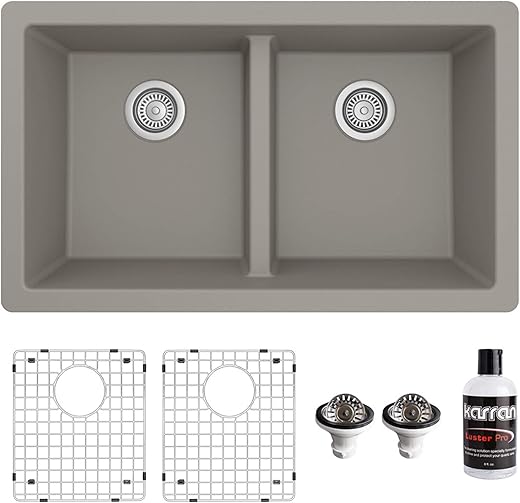 Karran QU-810 32" Undermount Double Equal Bowl Quartz Kitchen Sink Kit in Concrete