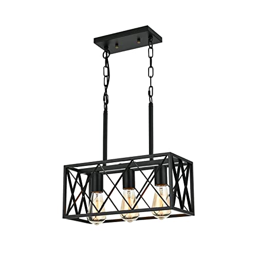 KEESFU Black Farmhouse Kitchen Island Lighting, 3 Lights Pendant Lighting Fixtures, Adjustable Height, Industrial Dining Room Light for Living Room Foyer Dining Table Over Sink.