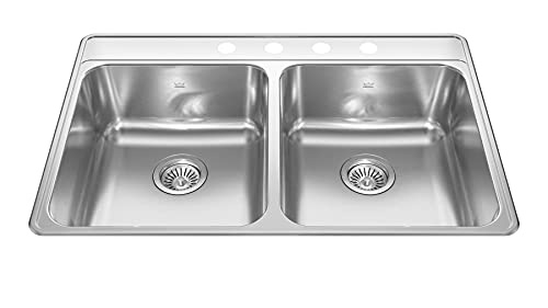 Kindred Creemore 33-in LR x 22-in FB x 8-in DP Drop In Double Bowl 4-Hole Stainless Steel Kitchen Sink, CDLA3322-8-4CBN