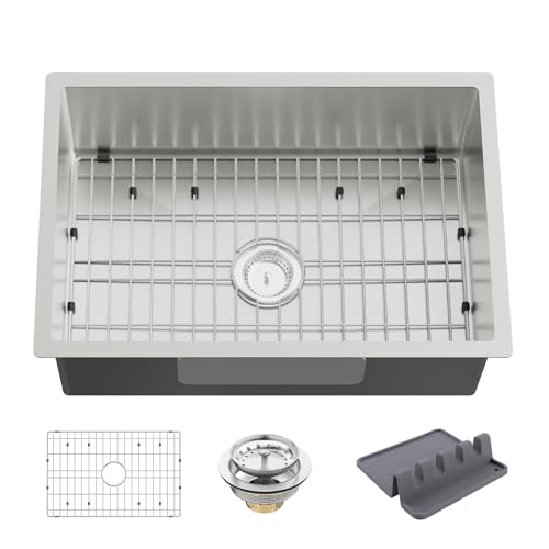 Kitchen Sink, 27x18 Inch Stainless Steel Drop In Kitchen Sink Modern Undermount Single Bowl Kitchen Sink Combo -SS Grid,Spoon Rest,Drain Strainer Set Compatibility With Various Kitchen And Bar Style