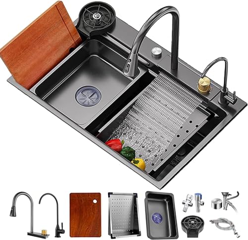 Kitchen Sink Single Basin Stainless Steel Overmount and Undermount Multifunction Black Sink with Waterfall Pullout Faucet and Glass Washer with Accessories ( Color : Black , Size : 75*46cm(29.5*18.1in