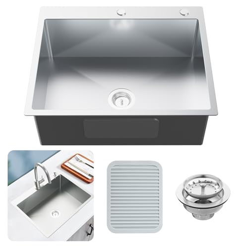 Kitchen Sink, Stainless Steel 27 x 22 Inch Drop In Kitchen Sink Single Bowl Top Mount Kitchen Sink Set - Silicone Mat And Drain Assembly For Modern Kitchen Stylish and Functional