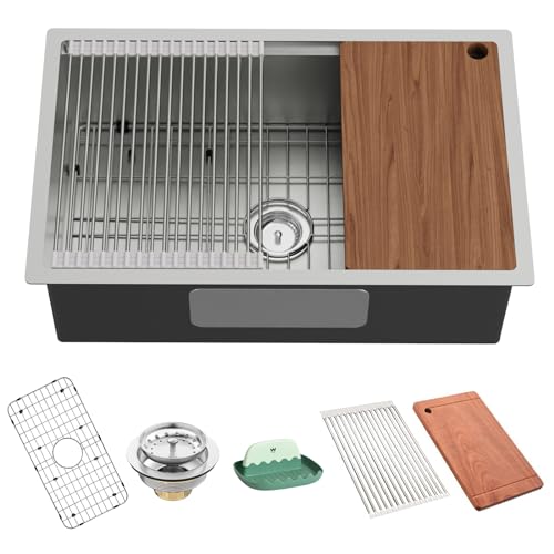 Kitchen Sink Workstation, 30x19 Inch Stainless Steel Drop In Kitchen Sink Modern Undermount Single Bowl Kitchen Sink Gift Combo-SS Grid,Drying Rack,Cutting Board,Utensil Rest, Drain Strainer Set