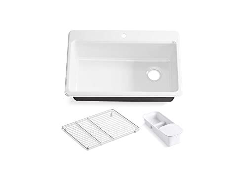 KOHLER K-5871-1A2-0 Riverby 33" Top-Mount Single-Bowl Workstation Kitchen Sink, Cast Iron Kitchen Sink with Colander, Integral Cutting Board and Sink Rack, White