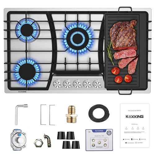 KOXKING 36 Inch Gas Cooktop with Griddle, Gas Stove Top with 5, Reversible Cast Iron Grill/Griddle, NG/LPG Convertible, with Thermocouple Protection, Stainless Steel