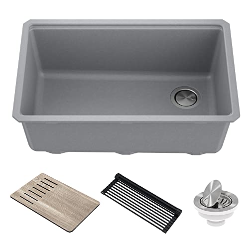 KRAUS Bellucci 30” in. Undermount Workstation Granite Kitchen Sink in Metallic Gray with Accessories, KGUW2-30MGR